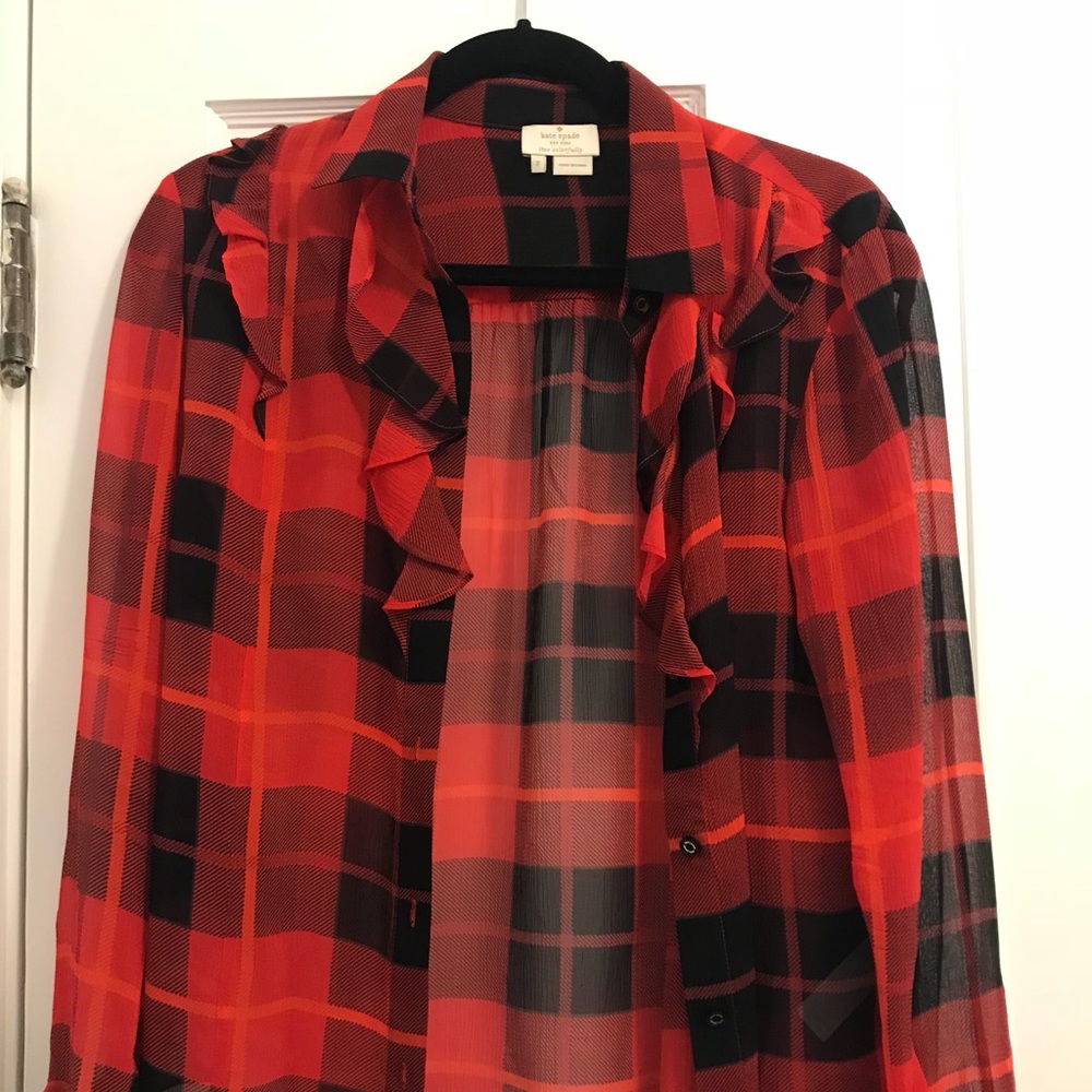 Kate Spade plaid silk button-up blouse